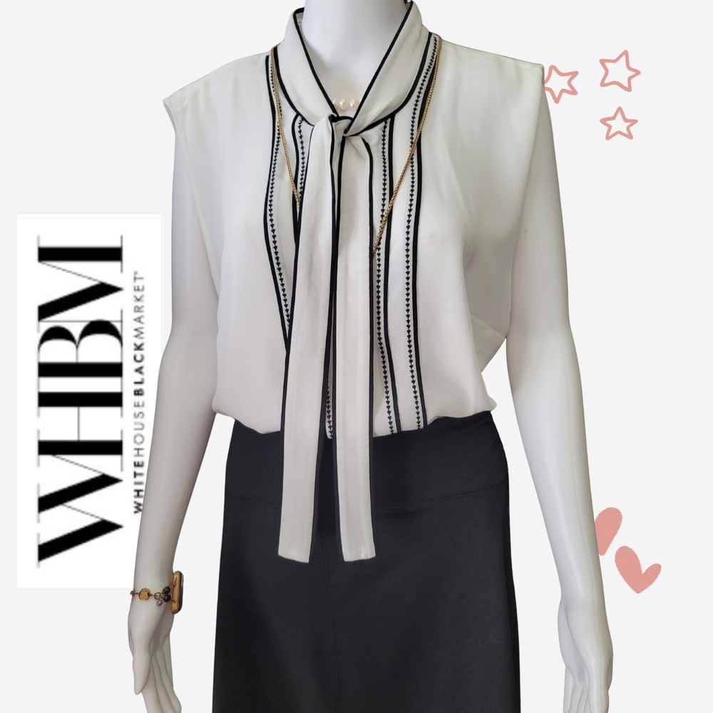 White House Black Market White and Black Tie-Neck Sleeveless Blouse